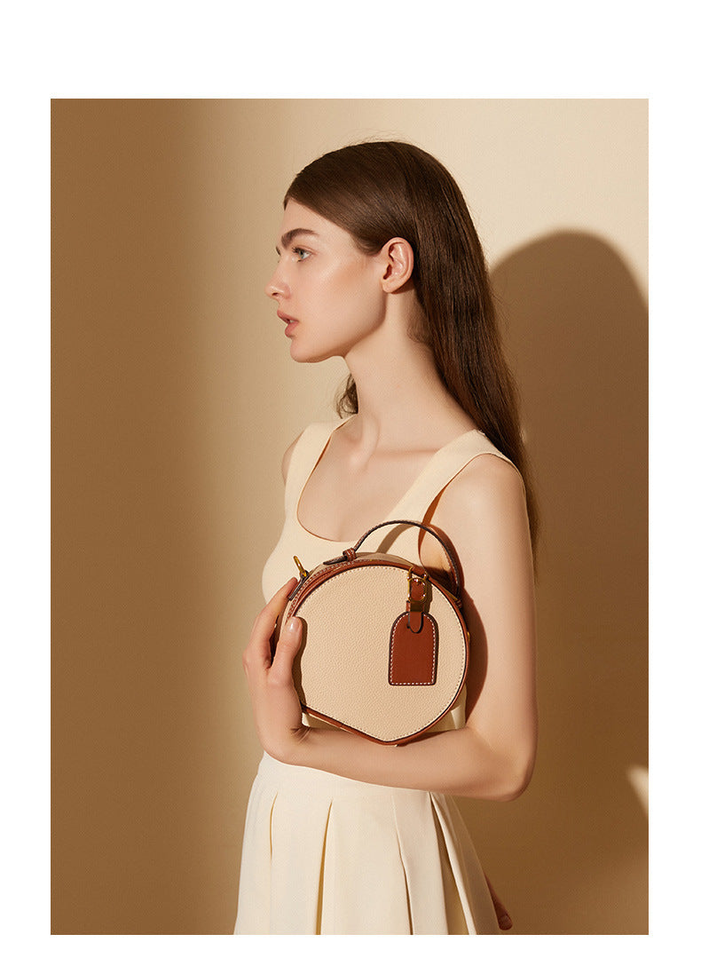 Genuine Leather Round Crossbody Bag – Mini Contrast Color Messenger Handbag