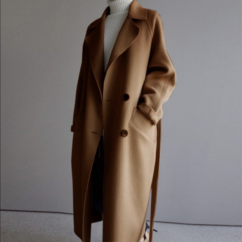 Women’s Lapel Cashmere Coat – Long Double-Breasted Overcoat