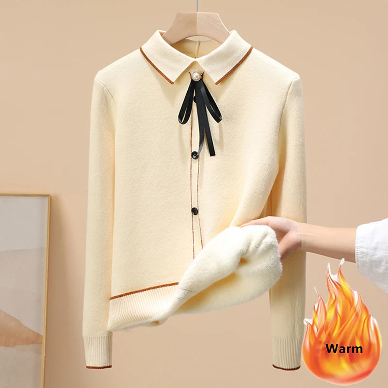 Soft velvet-lined thick knit fabric with classic polo collar