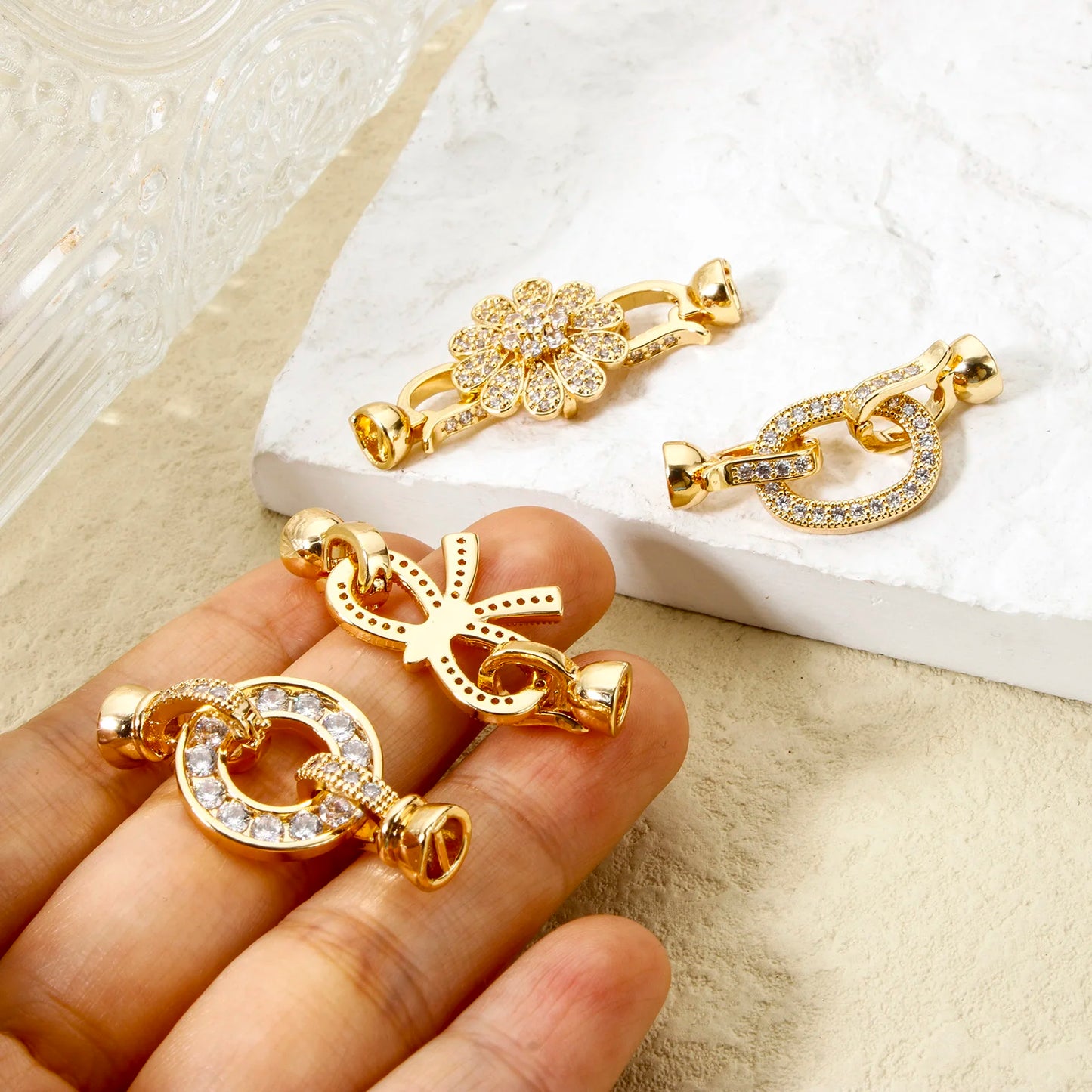 1pc Brass Fold Over Clasps Gold Color Round Flower Bowknot Clear Cubic Zirconia Charms DIY Necklace Bracelet Jewelry Findings