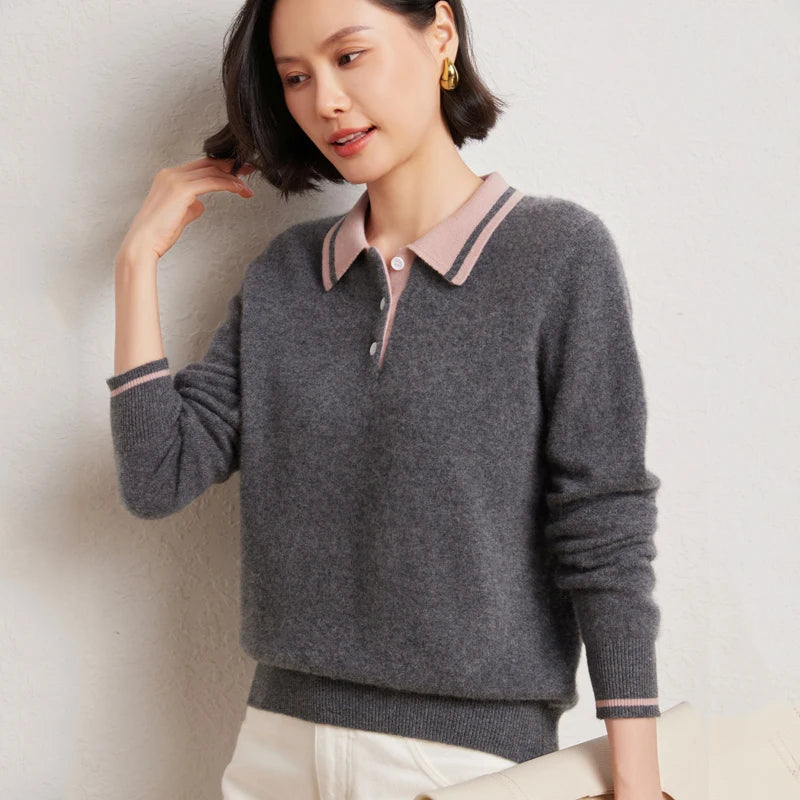 Women’s Contrast Color Polo Sweater – 30% Cashmere 70% Wool Knit Pullover | Soft Autumn & Winter Luxury Top