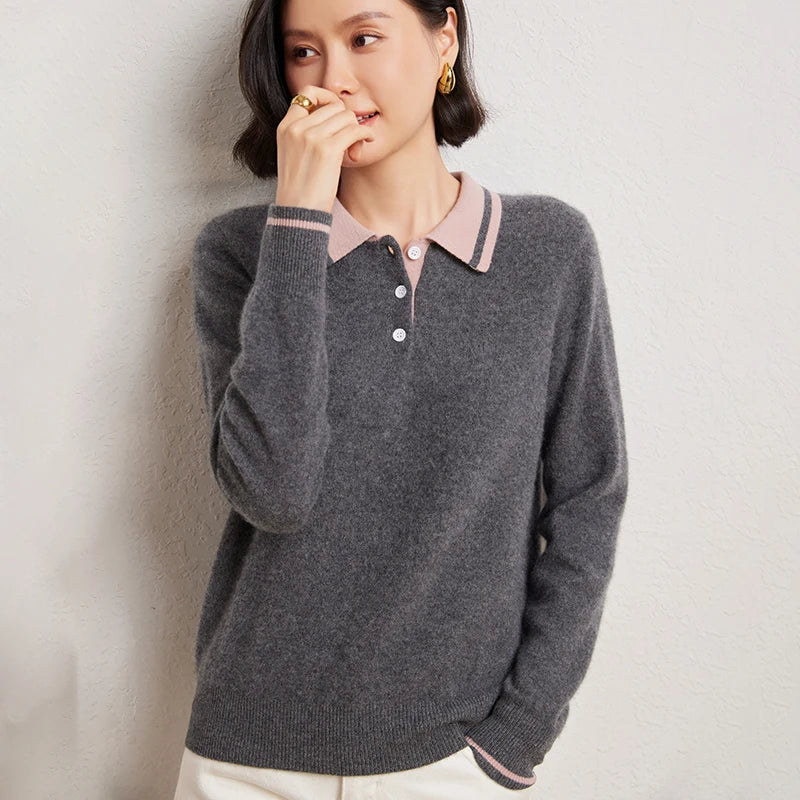 Women’s Contrast Color Polo Sweater – 30% Cashmere 70% Wool Knit Pullover | Soft Autumn & Winter Luxury Top