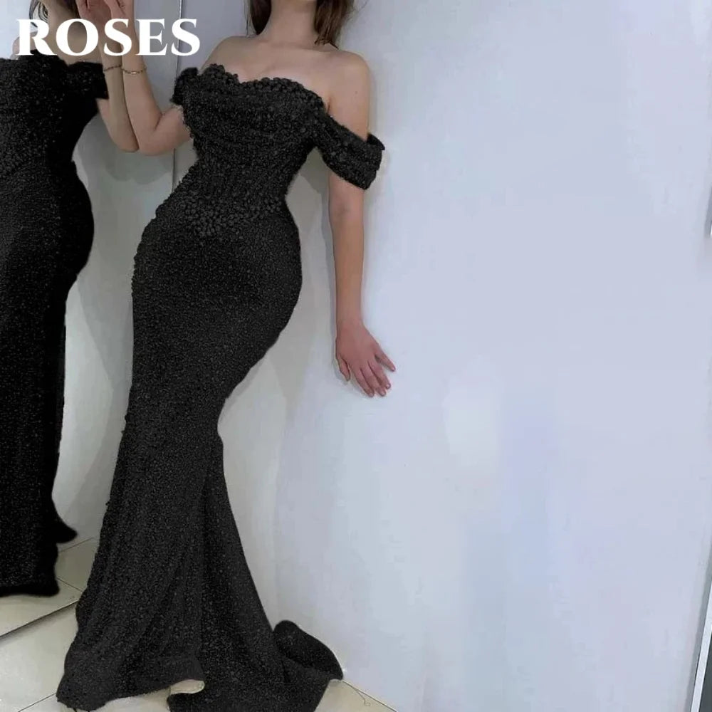 ROSES Pearl Gorgeous Prom Dress Sweetheart Off the Shoulder Hollow Prom Gown with Fishbone Shiny Sequins Formal Gown Customized