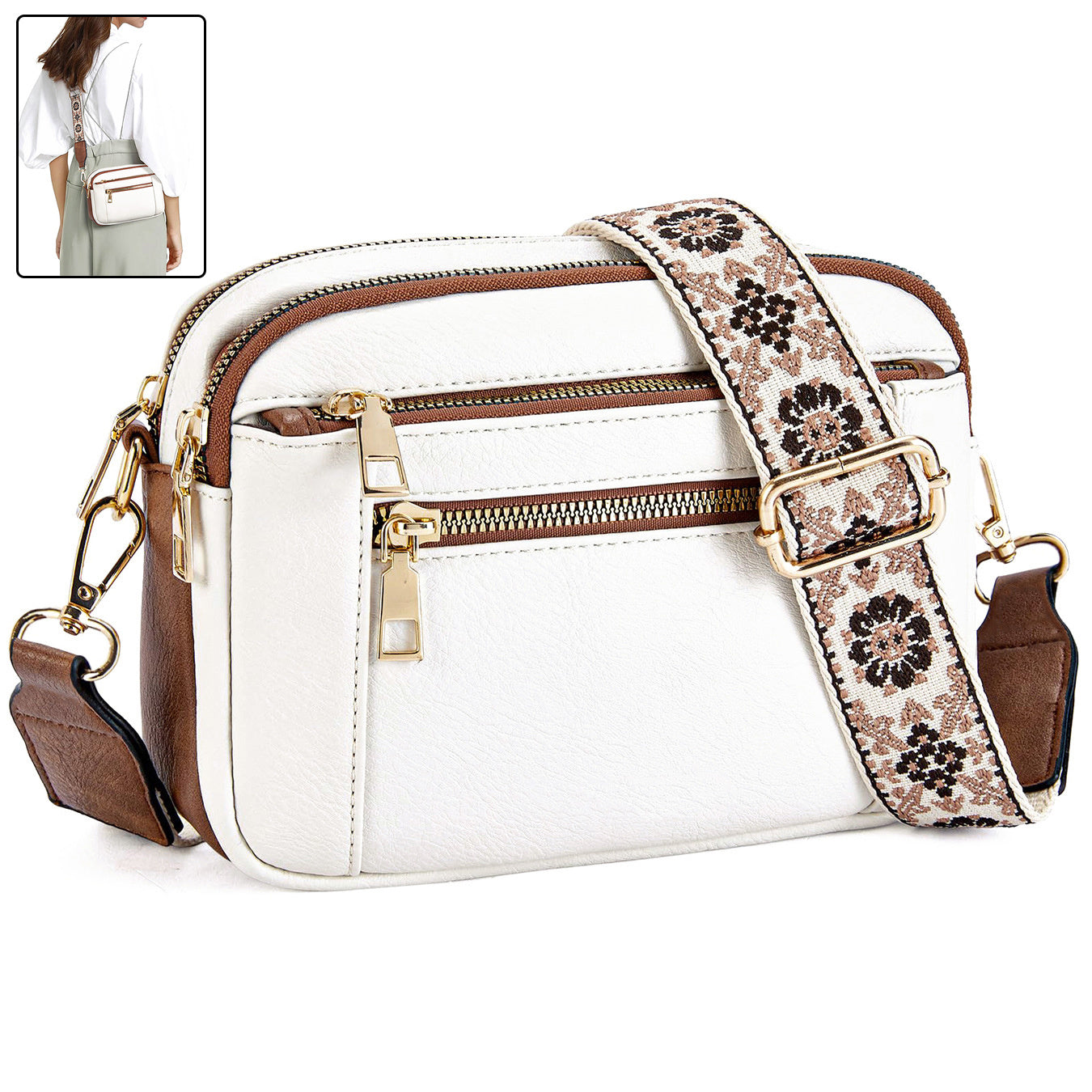 White handbag with floral strap on a white background