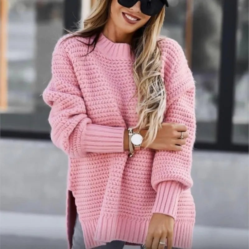 Women’s Loose Split Thick Knit Sweater – Half High Neck Long Sleeve Pullover | Korean Autumn & Winter Fashion Top