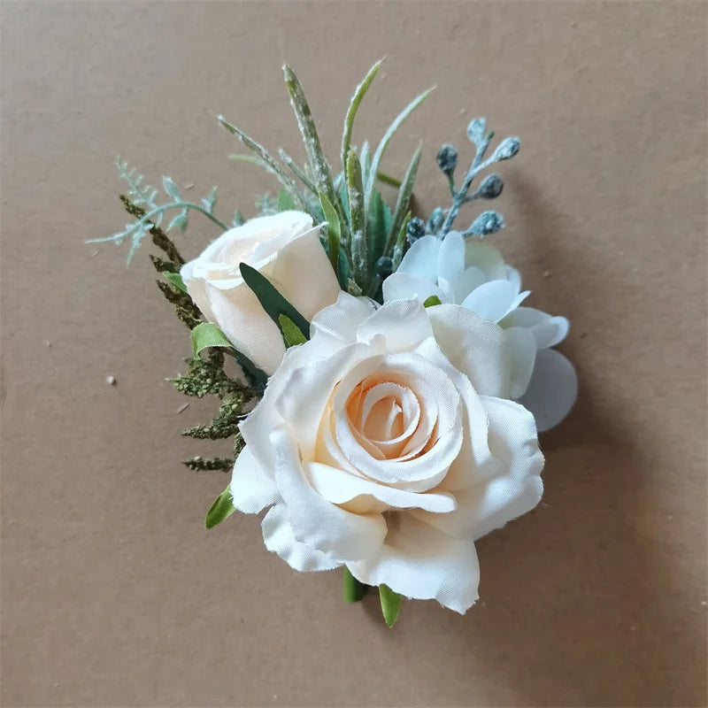 Boutonnieres Flowers Artificial White Roses Silk Ivory Corsage Buttonhole Groomsmen Boutonniere for Men Wedding Accessories