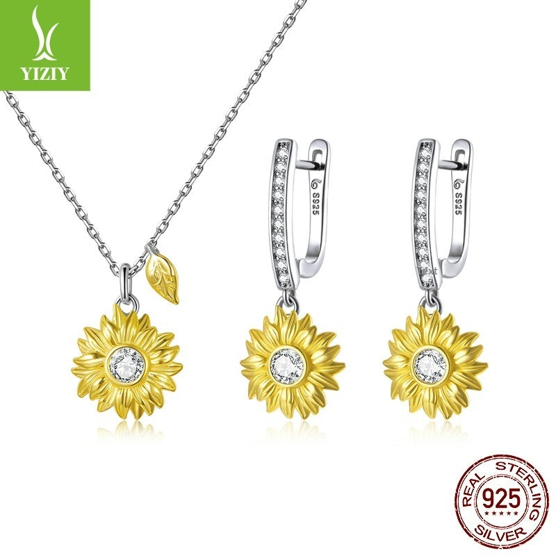 Sunflower-themed jewelry set with necklace and earrings, featuring YIZIV branding.