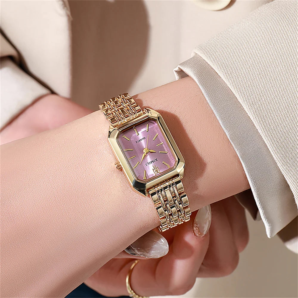 Luxury Gold-Plated Women’s Quartz Watch – Elegant Square Dial Stainless Steel Bracelet, Classic Business Fashion Timepiece