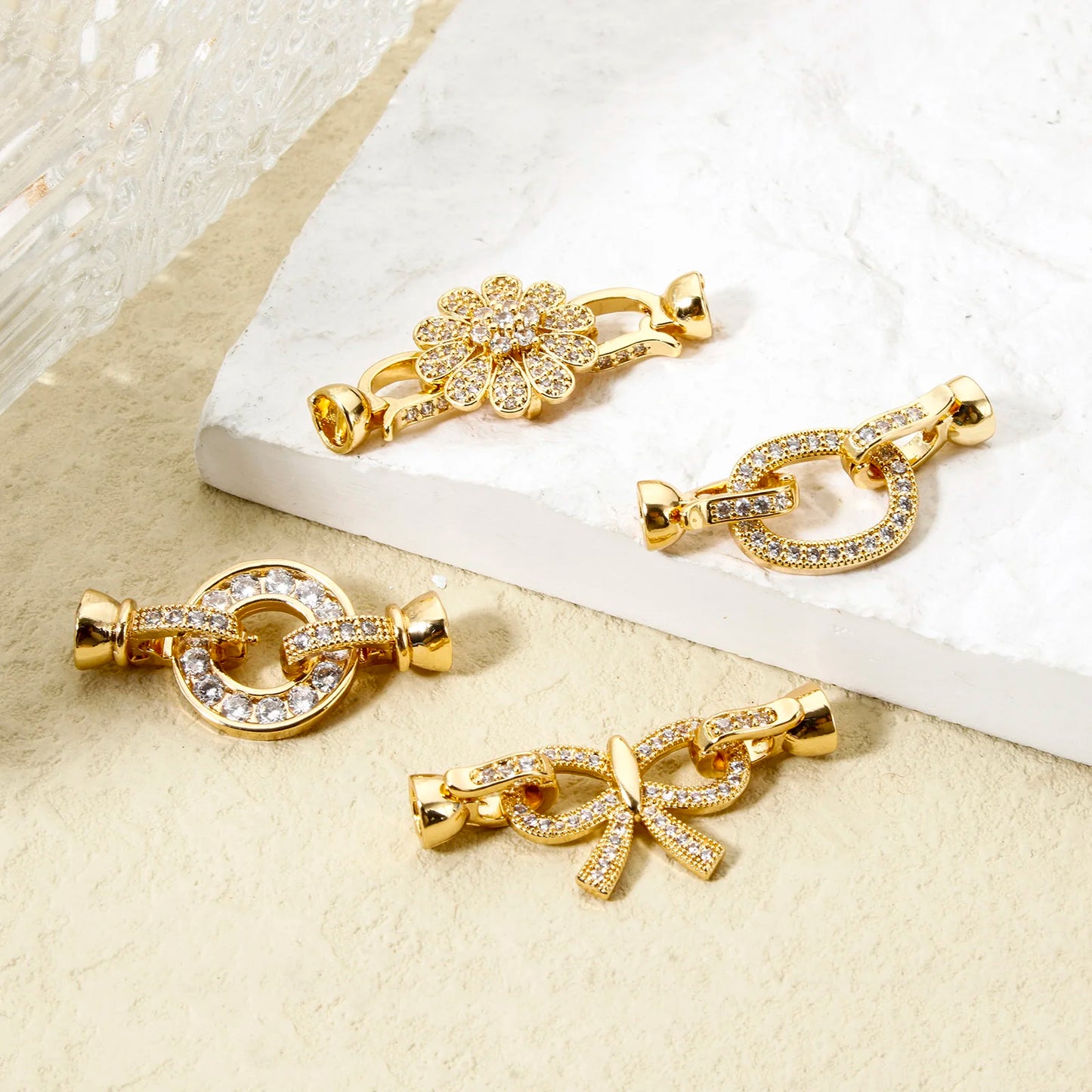 1pc Brass Fold Over Clasps Gold Color Round Flower Bowknot Clear Cubic Zirconia Charms DIY Necklace Bracelet Jewelry Findings