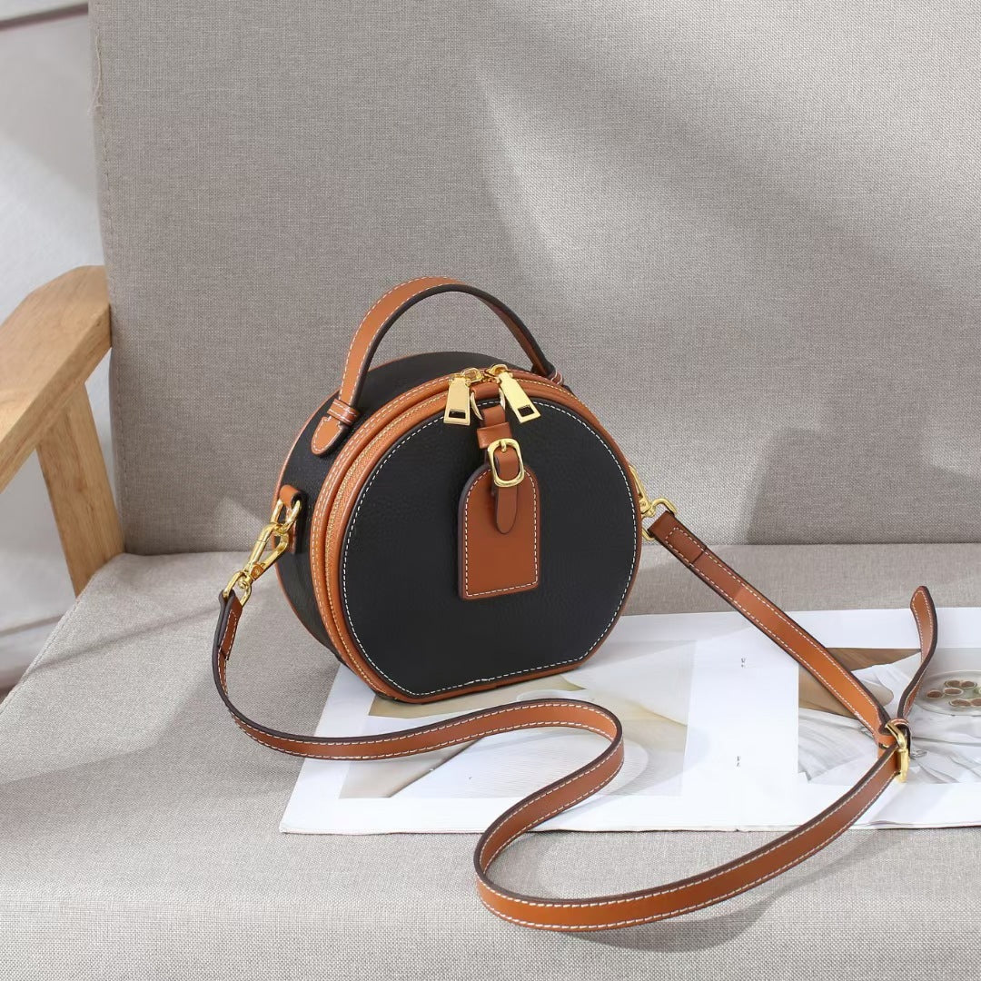 Genuine Leather Round Crossbody Bag – Mini Contrast Color Messenger Handbag