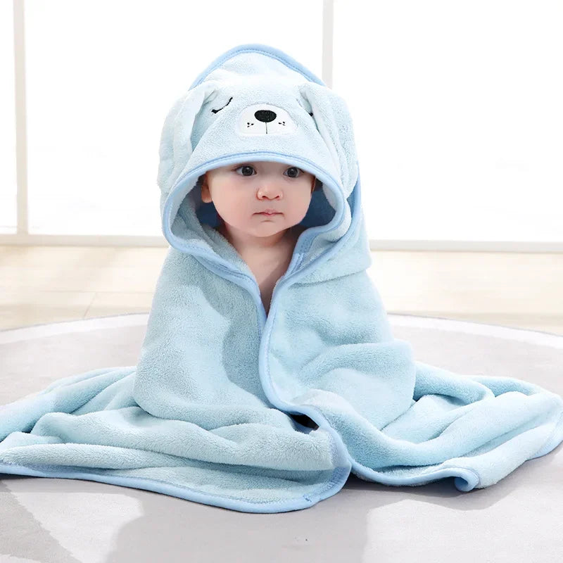 Baby Hooded Bath Towel Blanket – Soft Coral Fleece Cartoon Animal Wrap | Newborn & Toddler Swaddle Bathrobe (0–2 Years)