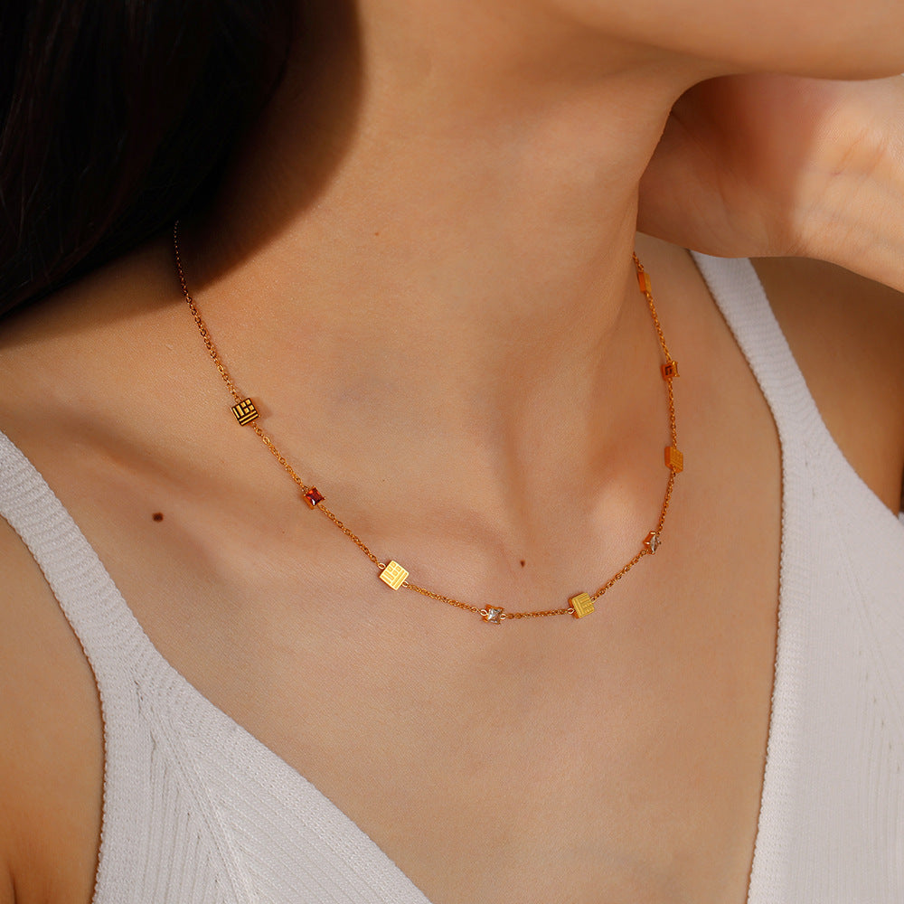 Woman wearing elegant 18K gold plated zircon charm necklace