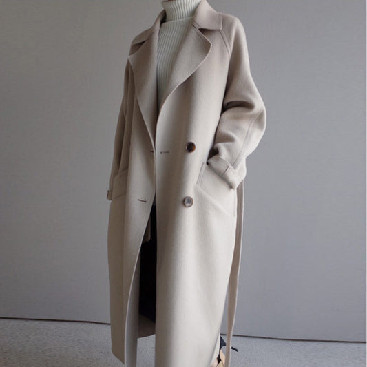 Women’s Lapel Cashmere Coat – Long Double-Breasted Overcoat