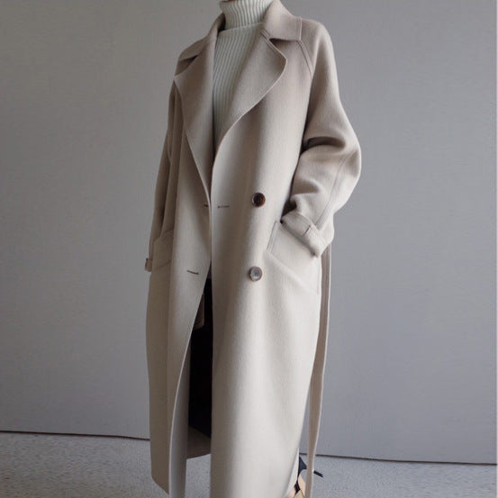 Women’s Lapel Cashmere Coat – Long Double-Breasted Overcoat
