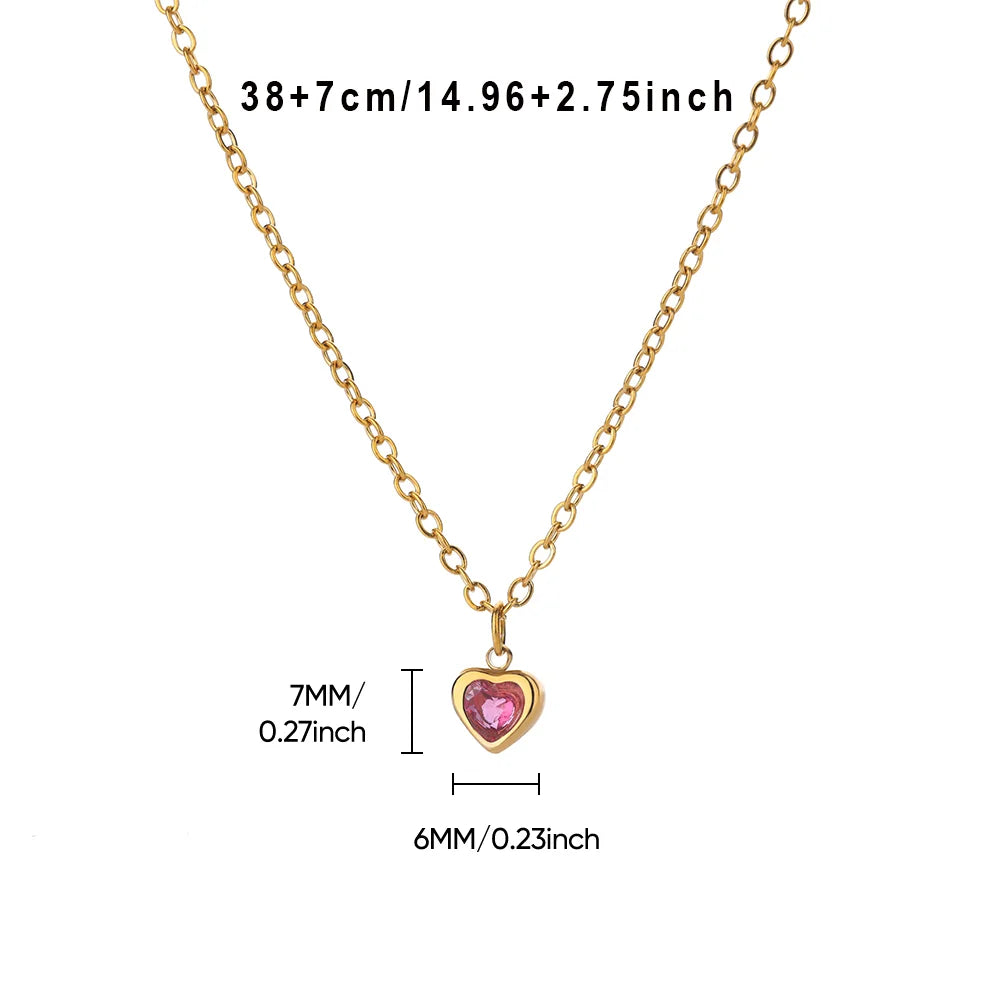 Tiny Heart Birthstone Necklace – Gold Stainless Steel Choker for Women | Minimalist Red Love Pendant, Birthday & Mama Gift