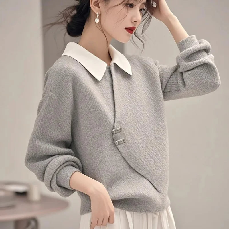 Women’s Office Chic Gray Fake Two-Piece Sweater – Korean Fashion Loose Knit Top | Spring Business Casual Pullover