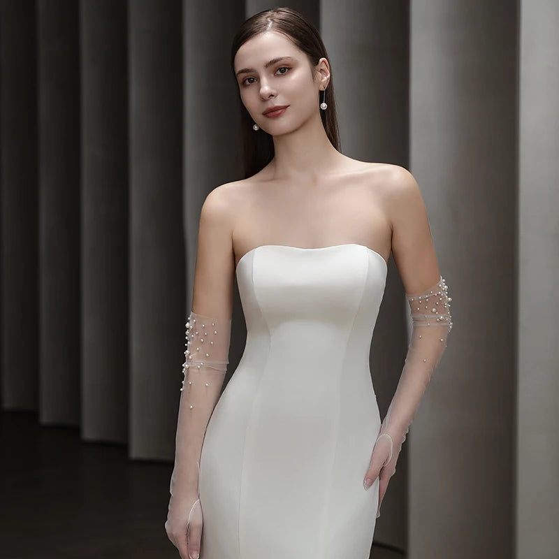 Bridal Gloves Heavy Handmade Beading Elegant Long Elegant Slim Wedding Dinner Party Tulle Gloves Wedding Accessories