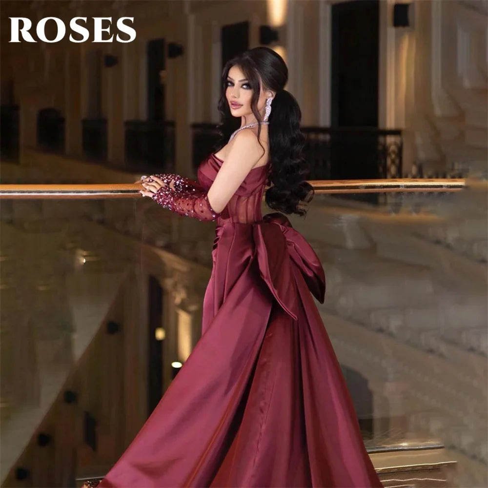ROSES Burgundy Stain Mermaid Prom Dresses with Bow Shining Beading On Sleeve Evening Dress One Shoulder Sweetheart فساتين الحف