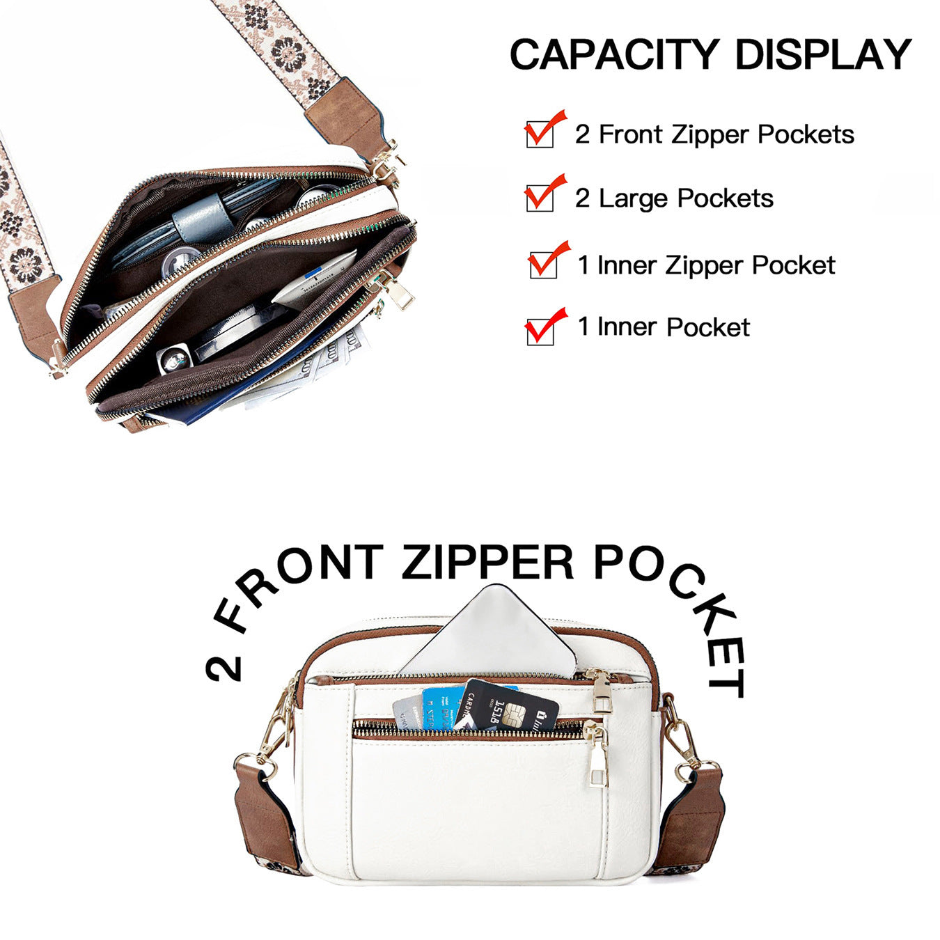 White handbag with brown accents showing its compartments and features on a white background.