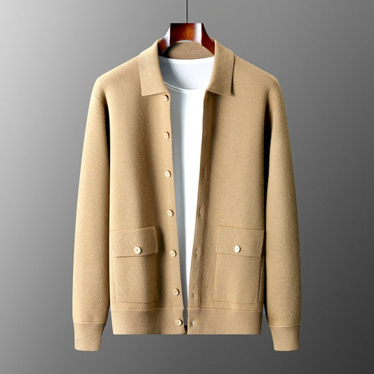 Camel men’s polo-collar wool cardigan with button front, ribbed trim and two patch pockets