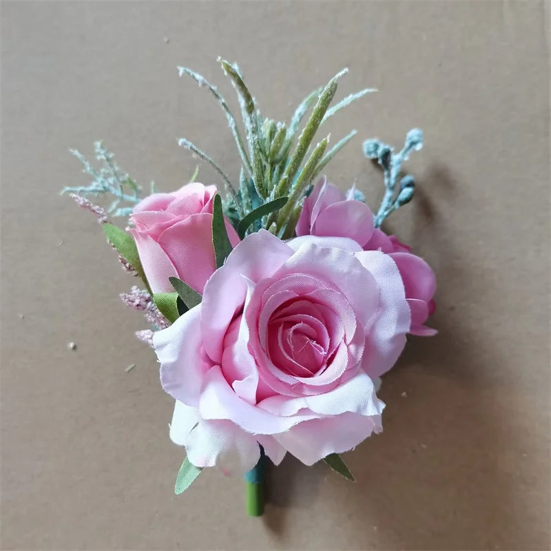 Beige Boutonnieres Flowers Artificial Roses Silk White Corsage Buttonhole Groomsmen Boutonniere for Men Wedding Accessories