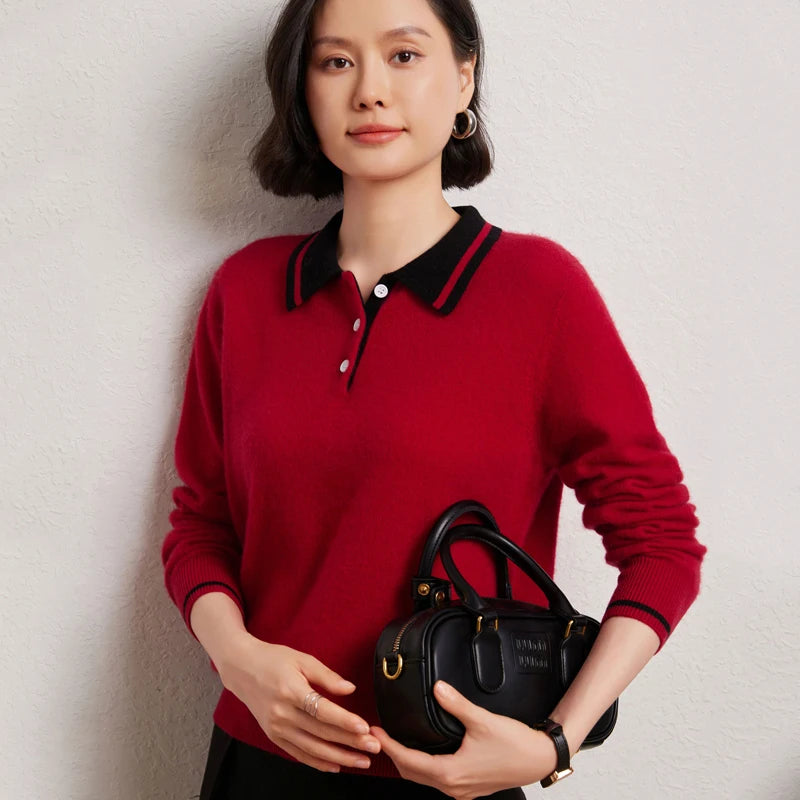 Women’s Contrast Color Polo Sweater – 30% Cashmere 70% Wool Knit Pullover | Soft Autumn & Winter Luxury Top