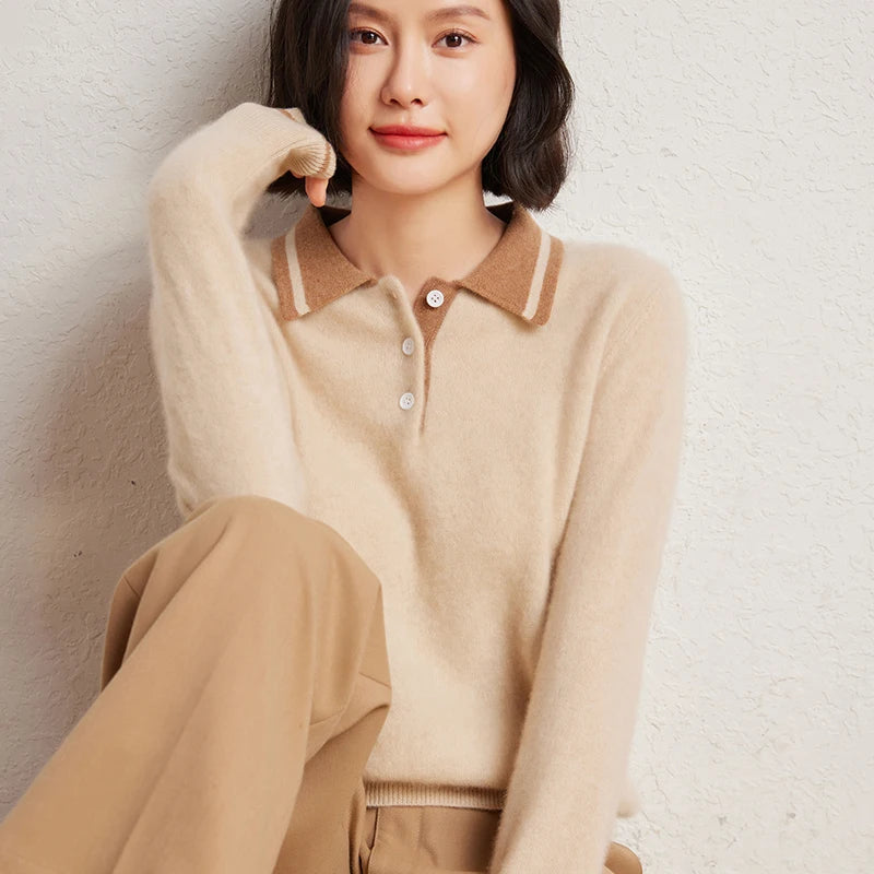 Women’s Contrast Color Polo Sweater – 30% Cashmere 70% Wool Knit Pullover | Soft Autumn & Winter Luxury Top