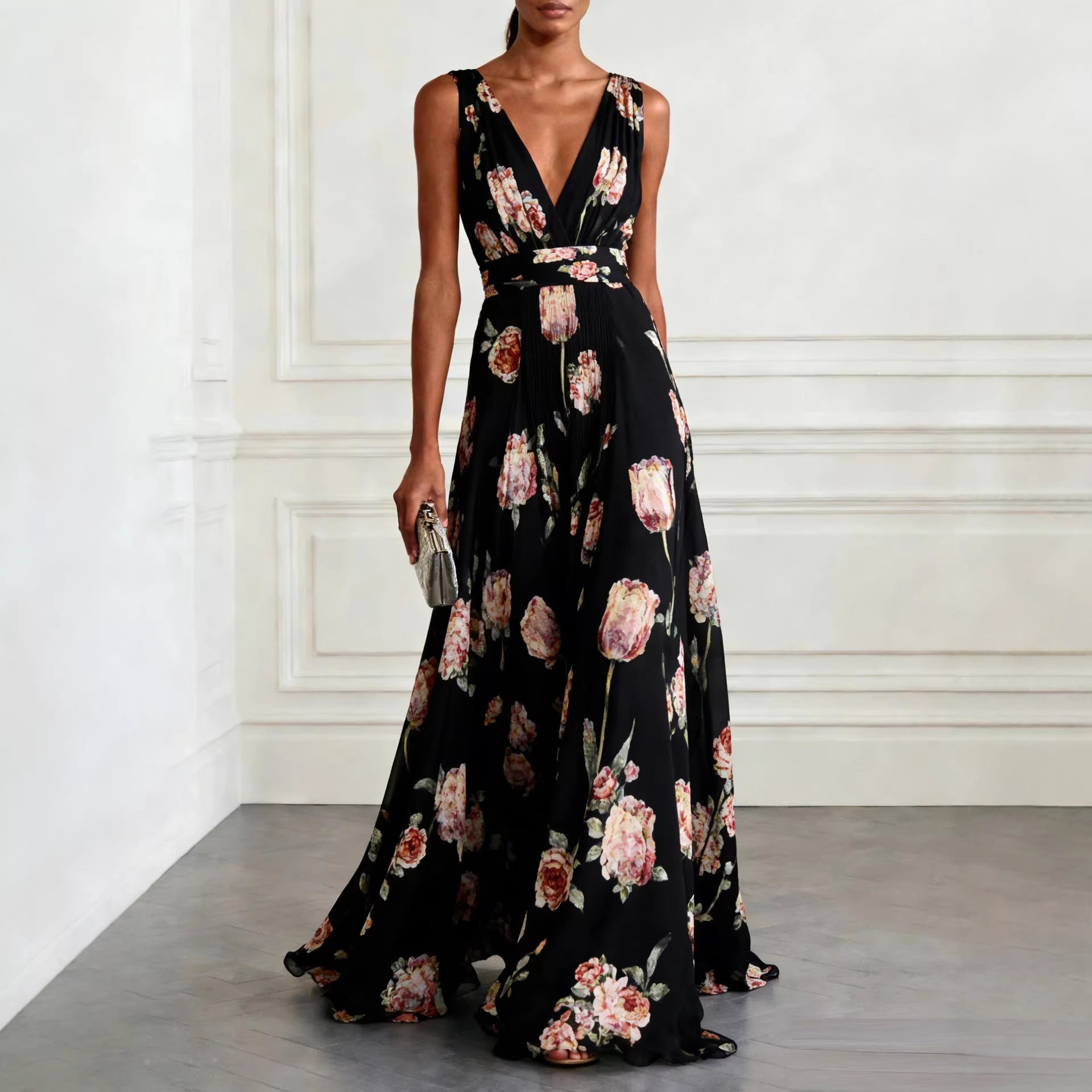 Bluesy Tulip Print Chiffon Maxi Dress Elegant Sleeveless V-Neck Flow Barberry by Northland Bluesy Tulip Print Chiffon Maxi Dress Elegant Sleeveless V-Neck Flow Barberry by Northland