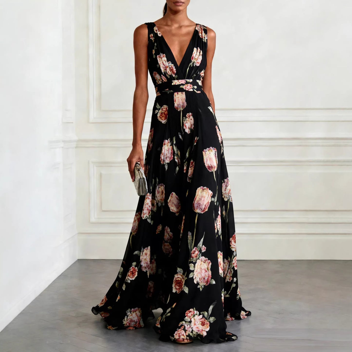 Bluesy Tulip Print Chiffon Maxi Dress – Elegant Sleeveless V-Neck Flowing Gown