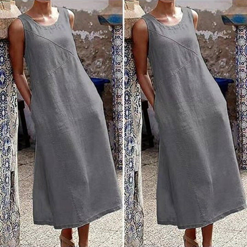 Cotton Linen Sleeveless Maxi Dress – Casual Loose Summer Tank Dress