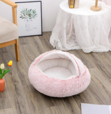2-in-1 Dog & Cat Winter Bed – Round Plush Pet House | Soft Warm Long Plush Bed for Cats and Small Dogs