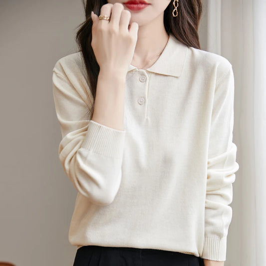 Women’s 100% cotton polo collar sweater – solid color long sleeve pullover