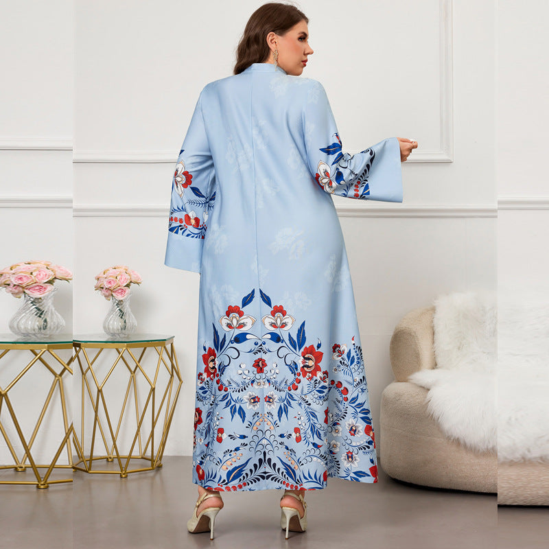 Blue Embroidered Maxi Dress – Long Sleeve Loose-Fit Printed