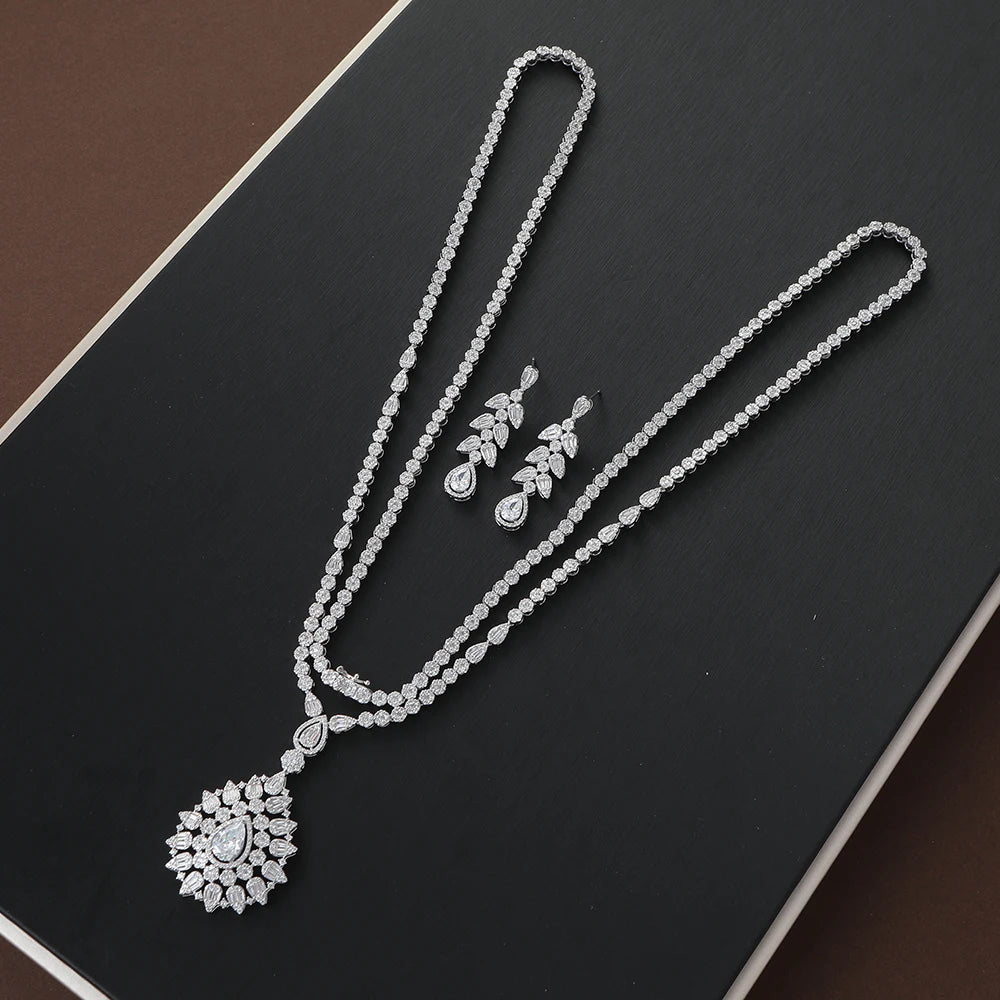 Luxury Cubic Zirconia Waterdrop Leaf Jewelry Set – Long Necklace & Earrings for Women | Elegant Bridal & Party Set