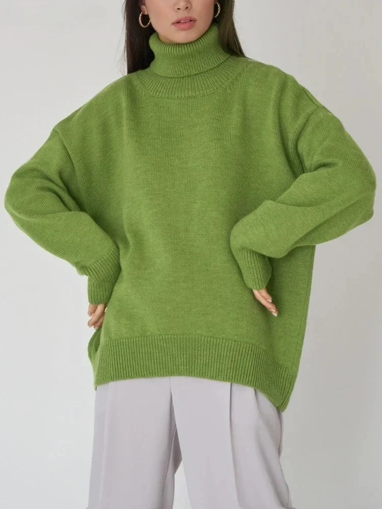Soft thick knit fabric with high turtleneck and loose silhouette