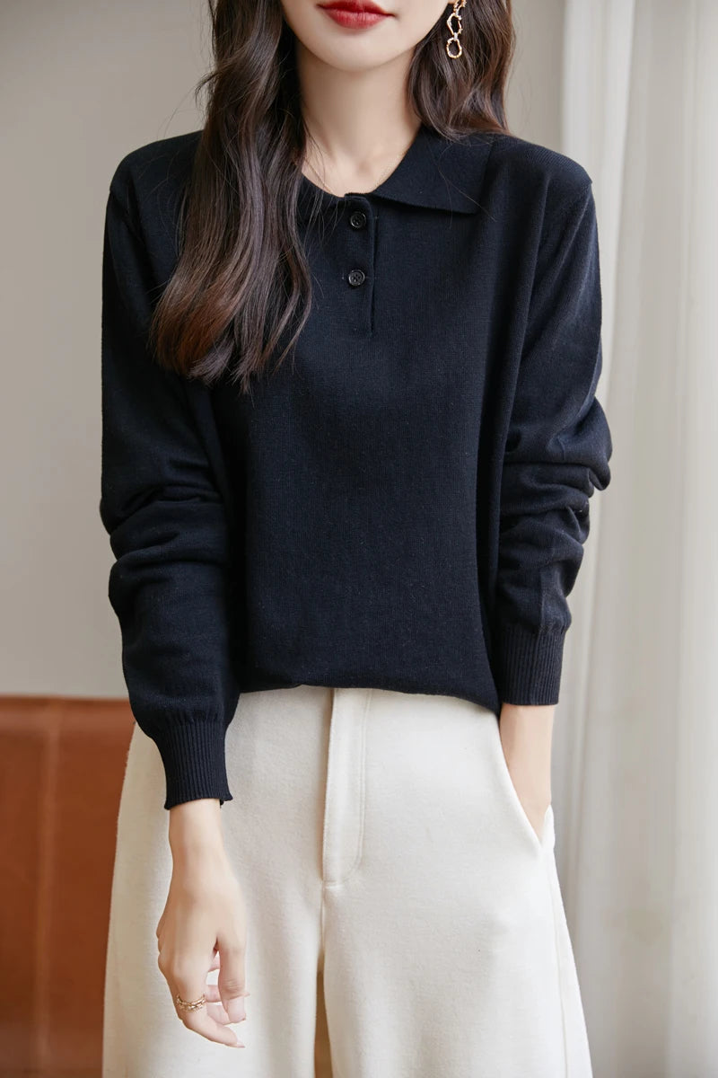 100% Cotton Polo Collar Sweater for Women – Casual Solid Knit Pullover | Long Sleeve Spring & Autumn Knitwear Top