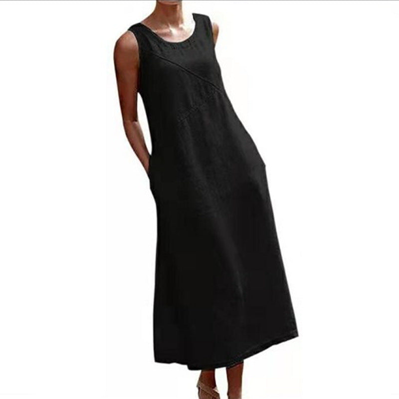 Cotton Linen Sleeveless Maxi Dress – Casual Loose Summer Tank Dress