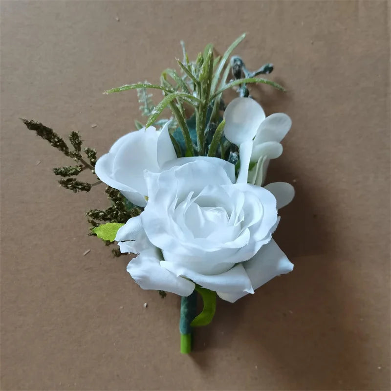 Beige Boutonnieres Flowers Artificial Roses Silk White Corsage Buttonhole Groomsmen Boutonniere for Men Wedding Accessories