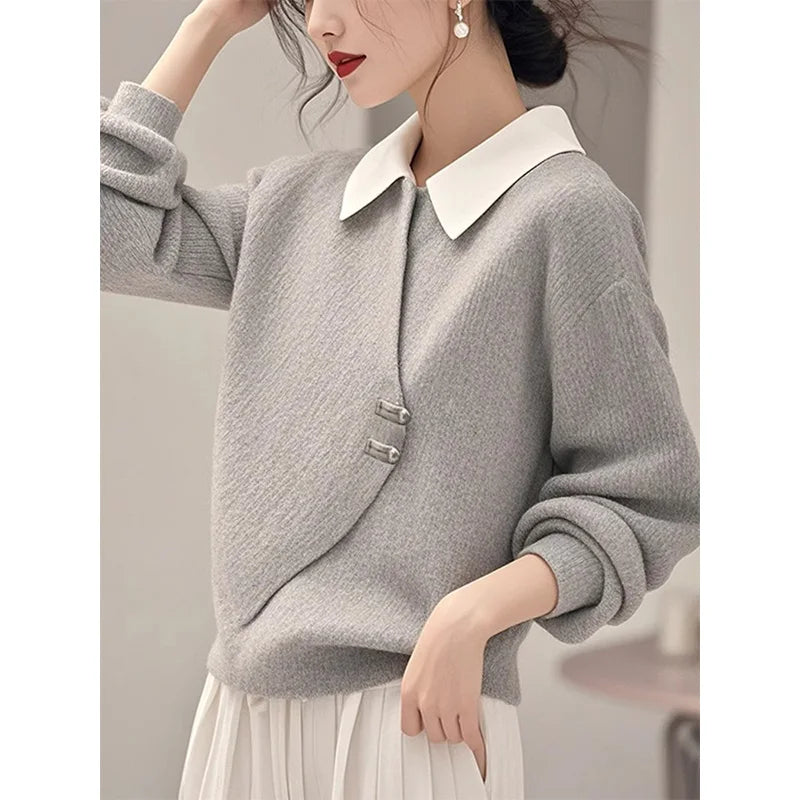 Soft gray knit sweater with button detail – chic layered office style
