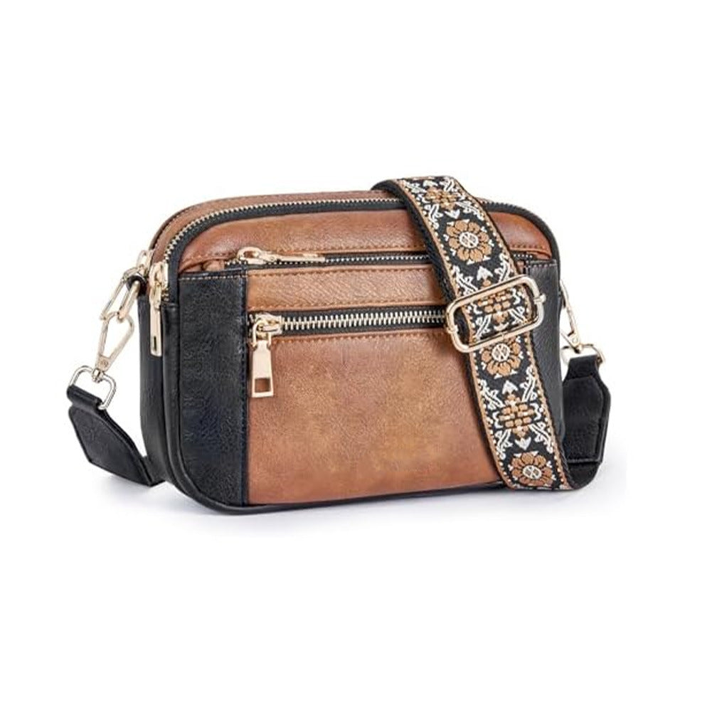 Triple-Zipper Crossbody Shoulder Bag with Floral Embroidered Strap