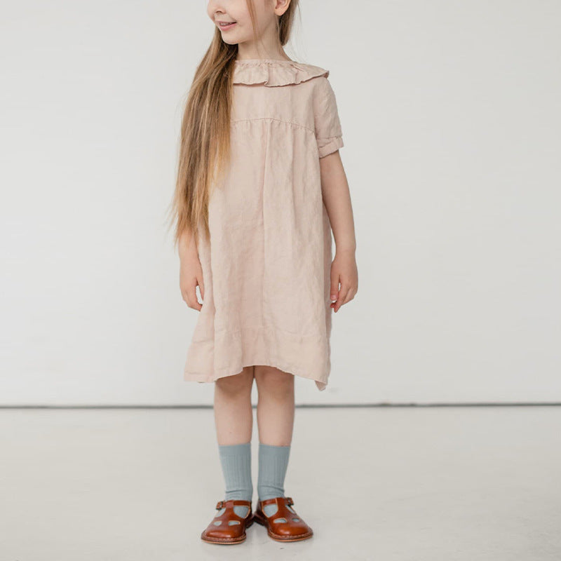 Toddler Girls Cotton Linen Ruffle Dress – Puff Sleeve Summer Dress