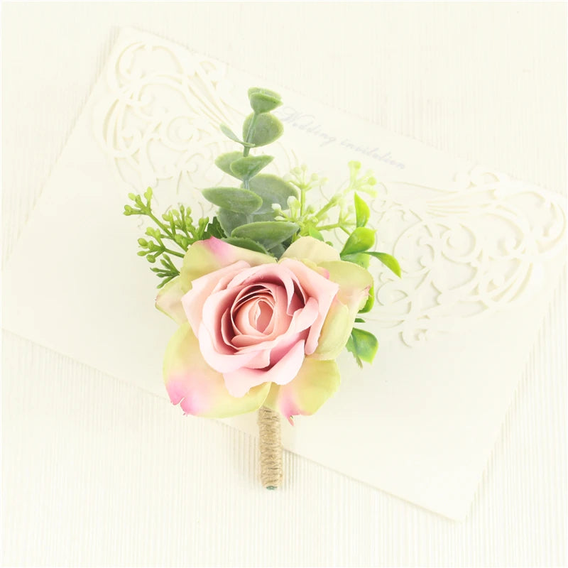 Beige Boutonnieres Flowers Artificial Roses Silk White Corsage Buttonhole Groomsmen Boutonniere for Men Wedding Accessories