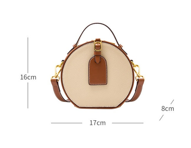 Genuine Leather Round Crossbody Bag – Mini Contrast Color Messenger Handbag