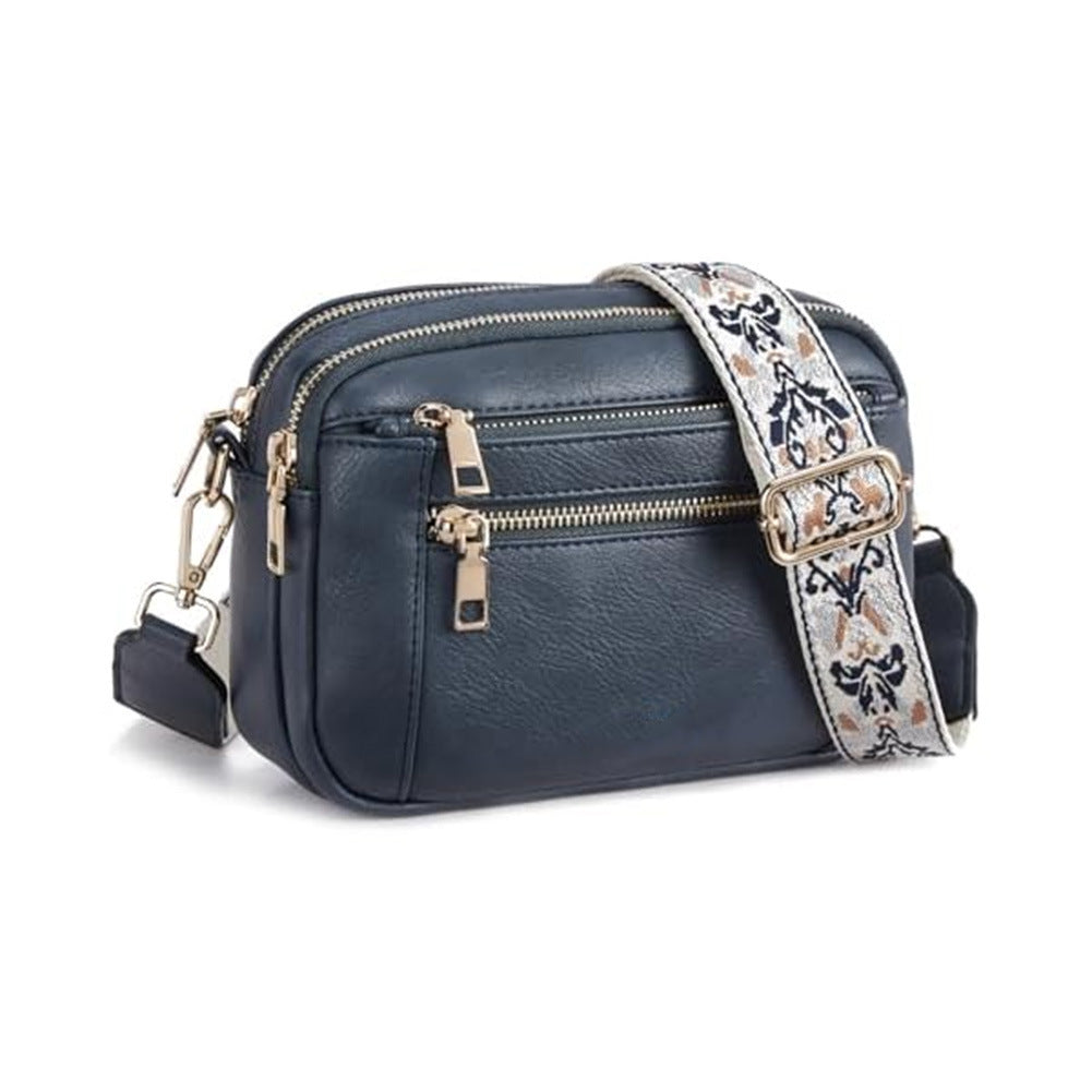 Triple-Zipper Crossbody Shoulder Bag with Floral Embroidered Strap