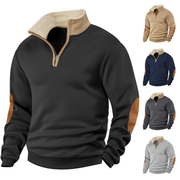 Black pullover with beige collar and arm patches in various color options on a white background