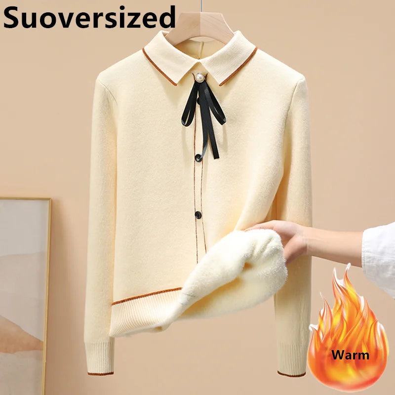 Women’s Plus Velvet Thick Polo Collar Sweater – Warm Knitted Pullover | Korean Winter Casual Slim Fit Jumper