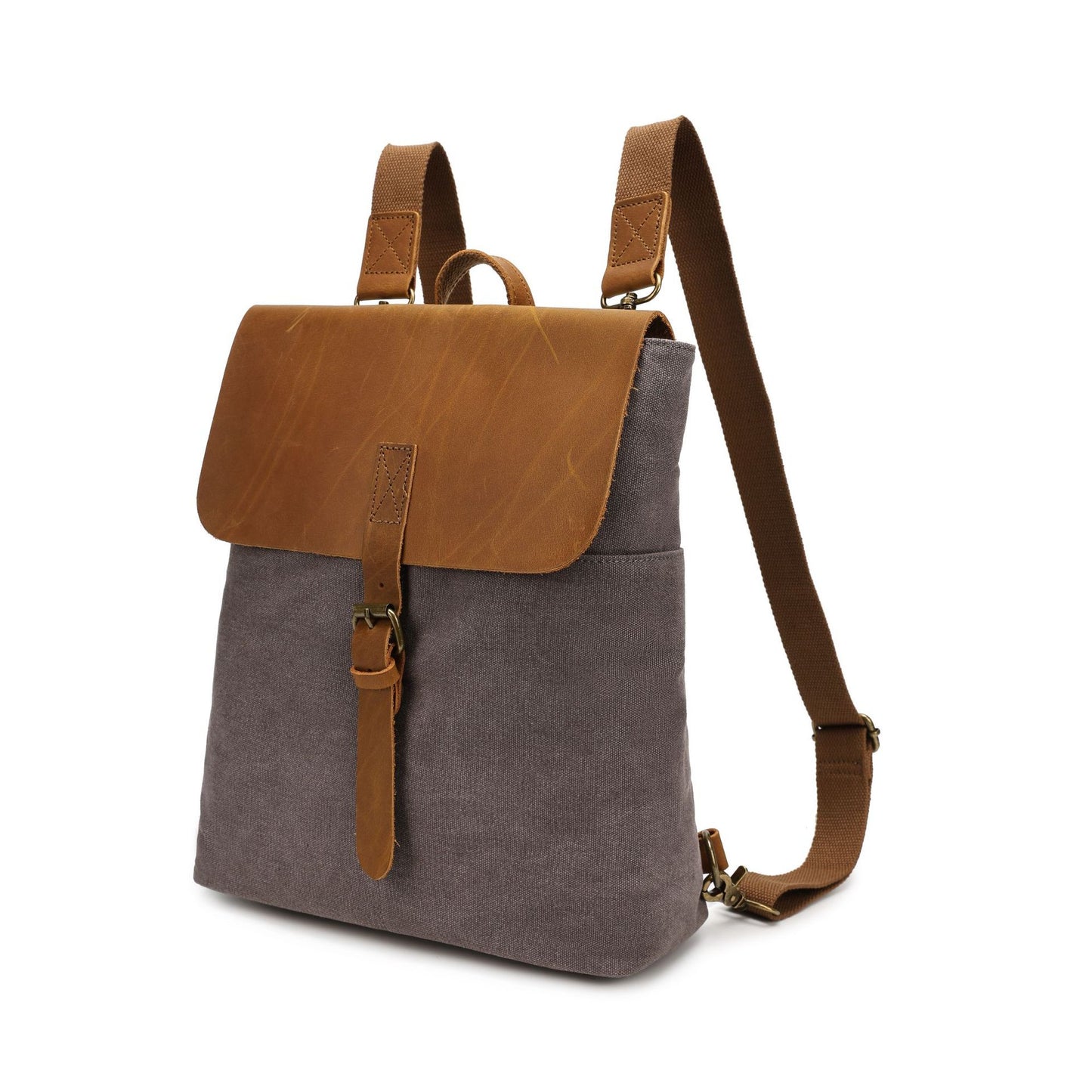 Gray backpack with brown leather accents on a white background