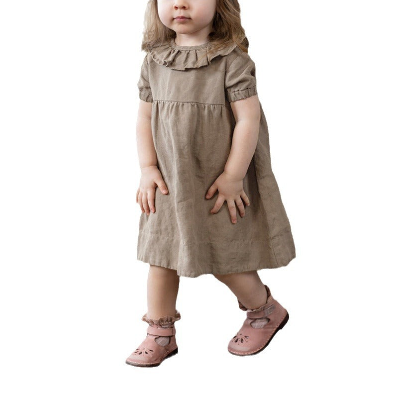 Toddler Girls Cotton Linen Ruffle Dress – Puff Sleeve Summer Dress
