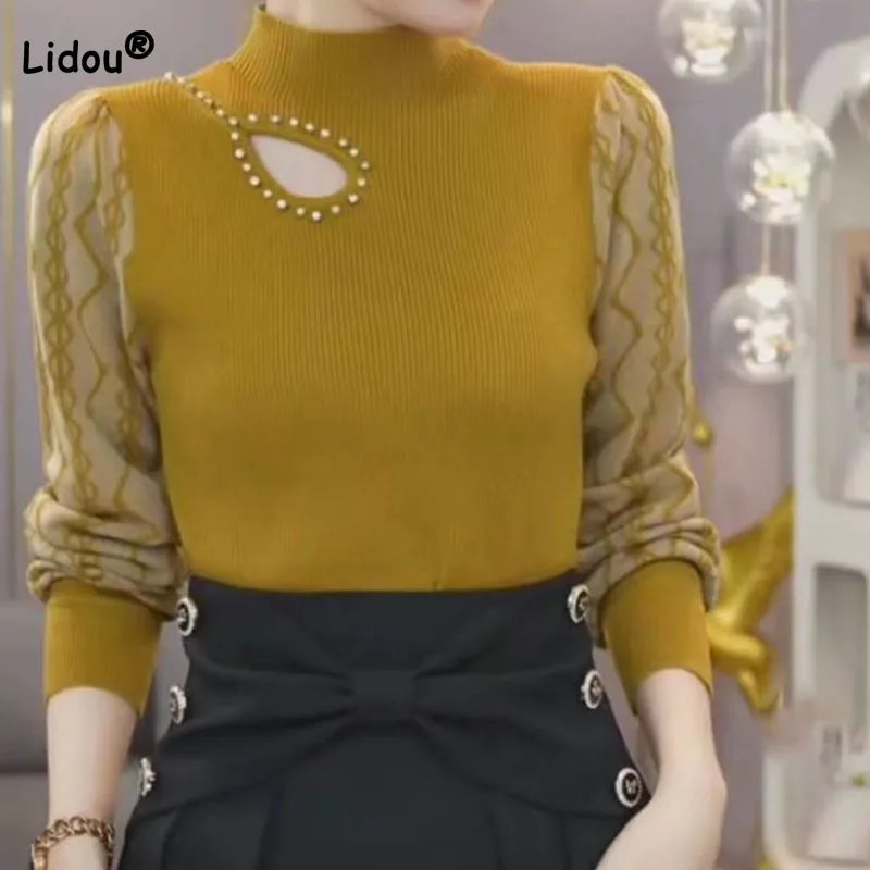 Women’s Korean Hollow-Out Sweater – Long Sleeve Half High Collar Knit Top | Autumn & Winter Casual Solid Spliced Pullover