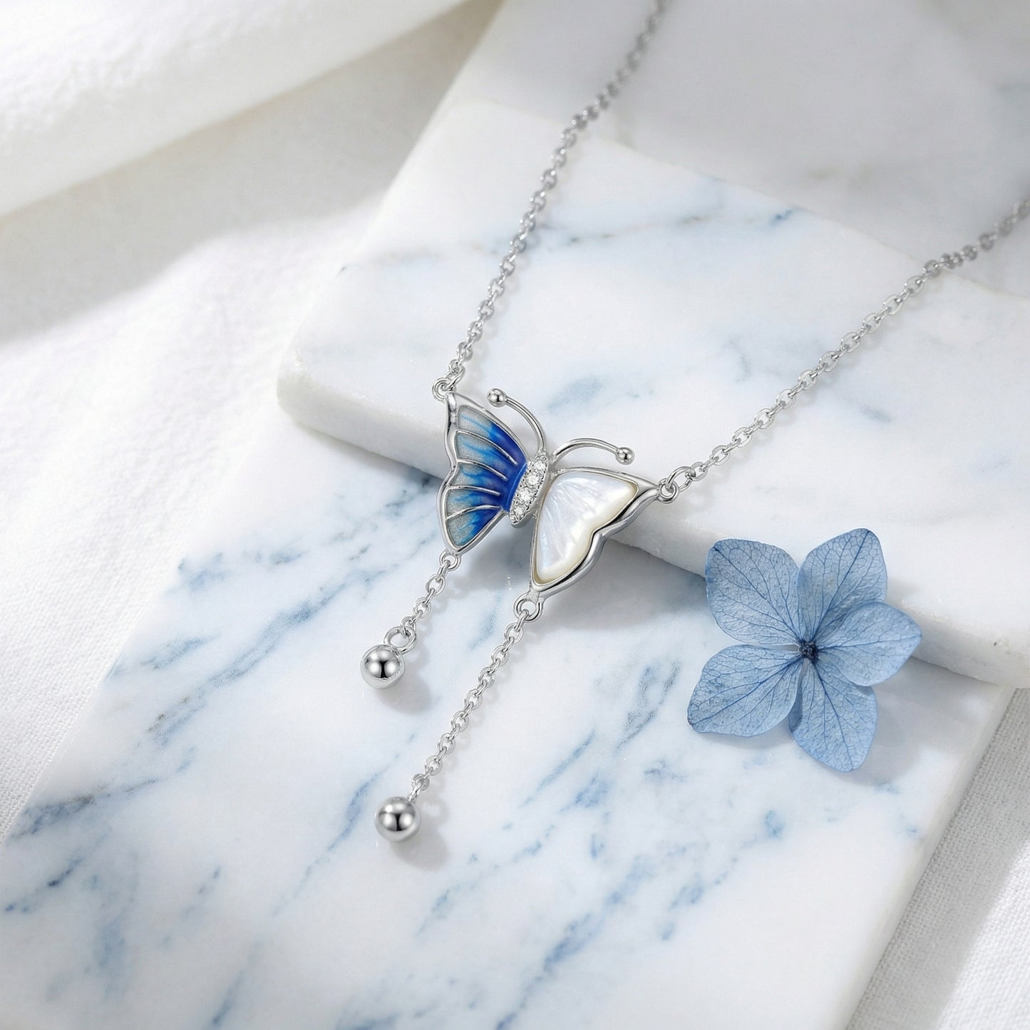 925 Sterling Silver Blue Butterfly Tassel Necklace